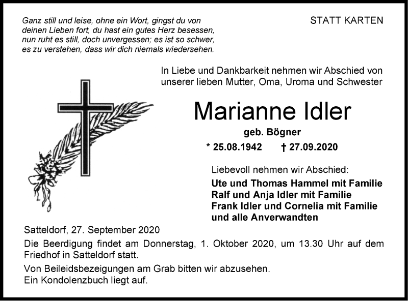  Traueranzeige für Marianne Idler vom 29.09.2020 aus Hohenloher Tagblatt