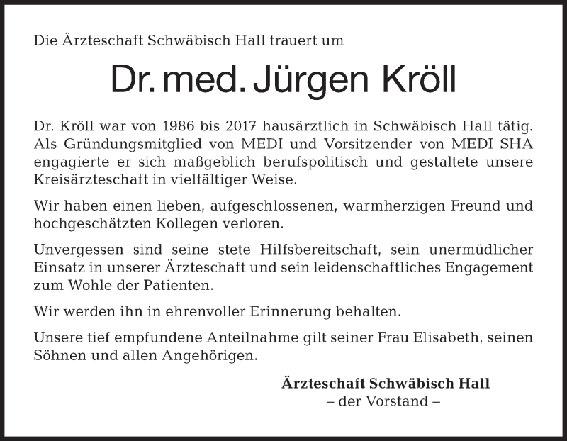  Traueranzeige für Jürgen Kröll vom 12.01.2021 aus Haller Tagblatt/Rundschau Gaildorf