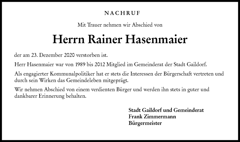  Traueranzeige für Rainer Hasenmaier vom 08.01.2021 aus Rundschau Gaildorf
