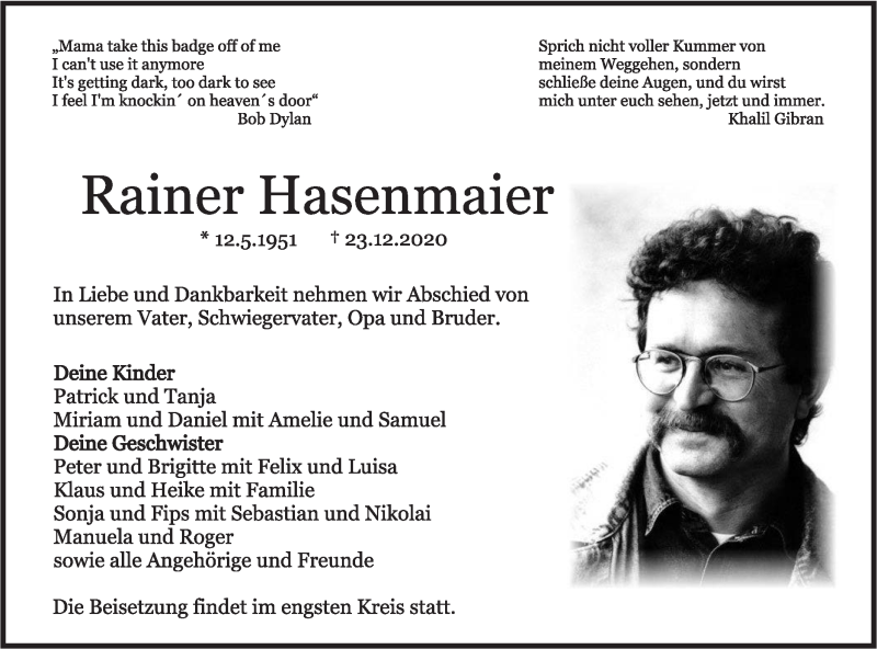  Traueranzeige für Rainer Hasenmaier vom 07.01.2021 aus Rundschau Gaildorf