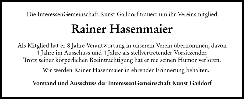  Traueranzeige für Rainer Hasenmaier vom 09.01.2021 aus Rundschau Gaildorf