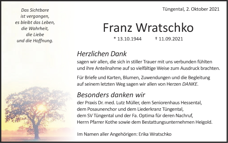  Traueranzeige für Franz Wratschko vom 02.10.2021 aus Haller Tagblatt