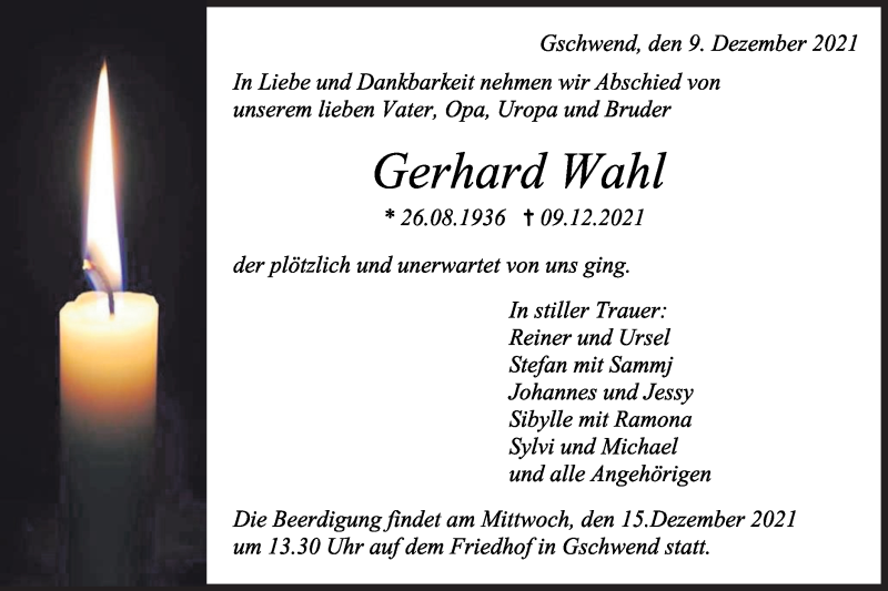  Traueranzeige für Gerhard Wahl vom 13.12.2021 aus Rundschau Gaildorf