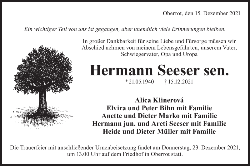  Traueranzeige für Hermann Seeser sen.  vom 21.12.2021 aus Rundschau Gaildorf