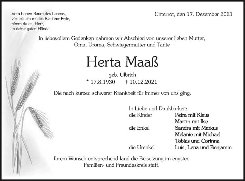 Traueranzeige für Herta Maaß vom 18.12.2021 aus Rundschau Gaildorf