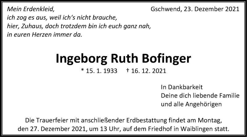  Traueranzeige für Ingeborg Ruth Bofinger vom 23.12.2021 aus Rundschau Gaildorf