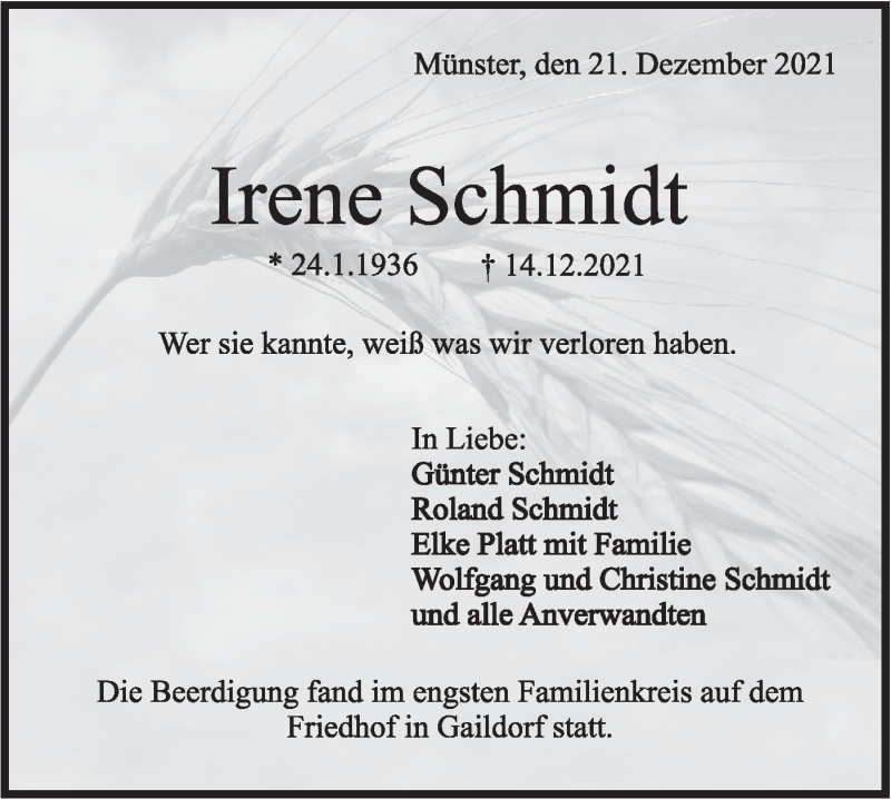  Traueranzeige für Irene Schmidt vom 22.12.2021 aus Rundschau Gaildorf