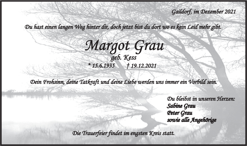  Traueranzeige für Margot Grau vom 23.12.2021 aus Rundschau Gaildorf
