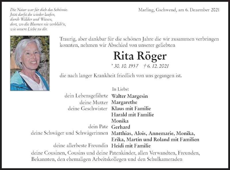  Traueranzeige für Rita Röger vom 18.12.2021 aus Rundschau Gaildorf