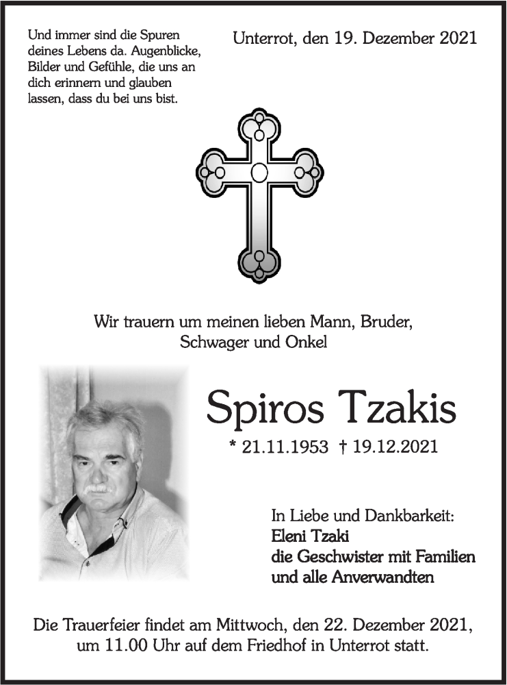  Traueranzeige für Spiros Tzakis vom 21.12.2021 aus Rundschau Gaildorf
