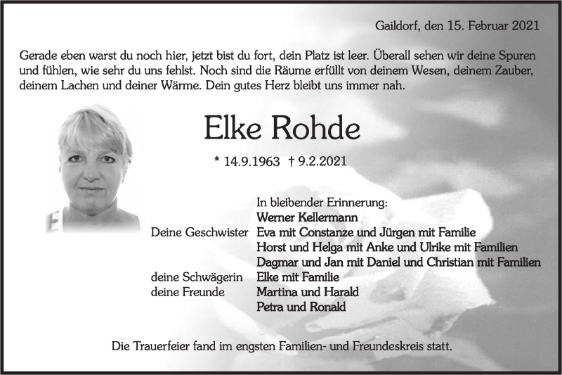  Traueranzeige für Elke Rohde vom 16.02.2021 aus Rundschau Gaildorf