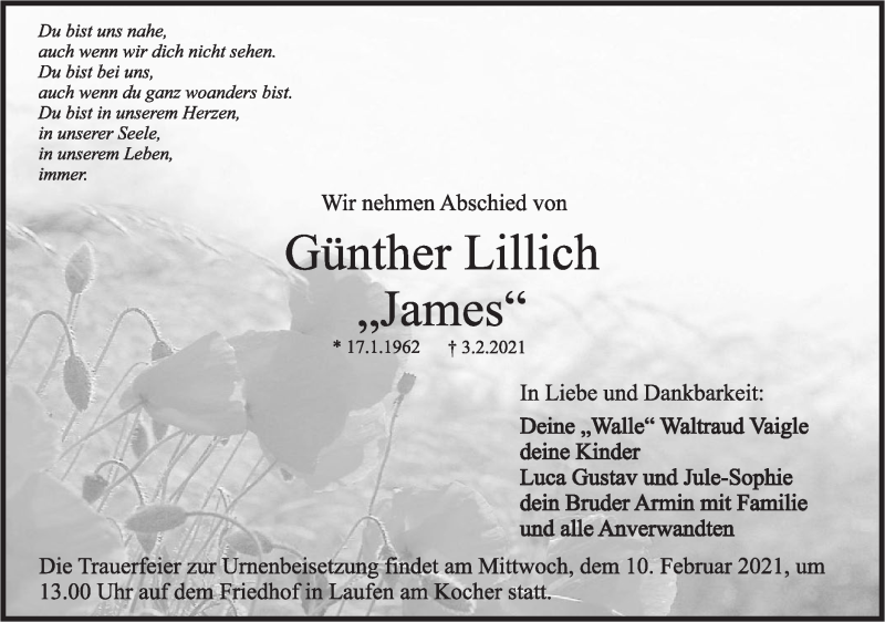  Traueranzeige für Günther Lillich vom 06.02.2021 aus Rundschau Gaildorf