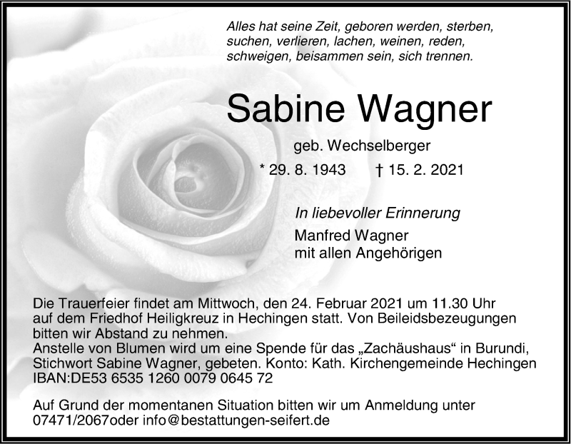  Traueranzeige für Sabine Wagner vom 19.02.2021 aus Metzinger-Uracher Volksblatt