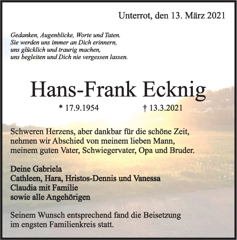  Traueranzeige für Hans-Frank Ecknig vom 20.03.2021 aus Rundschau Gaildorf