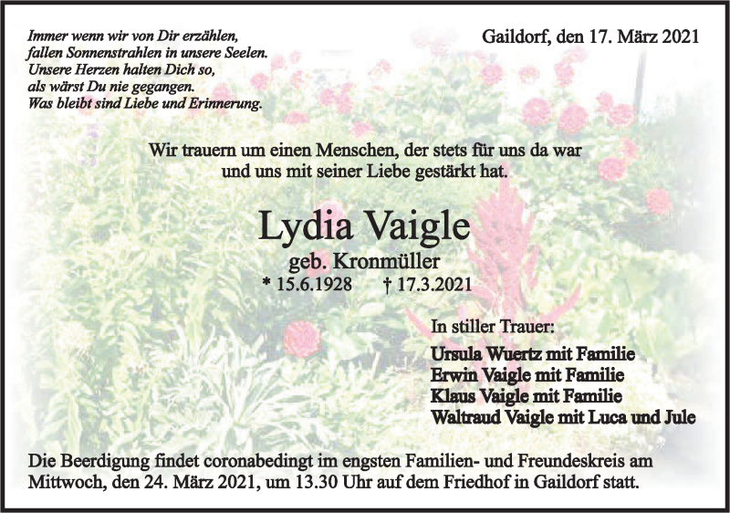  Traueranzeige für Lydia Vaigle vom 20.03.2021 aus Haller Tagblatt