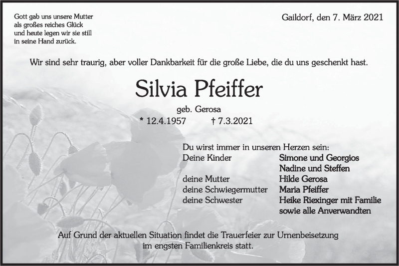  Traueranzeige für Silvia Pfeiffer vom 27.03.2021 aus Rundschau Gaildorf