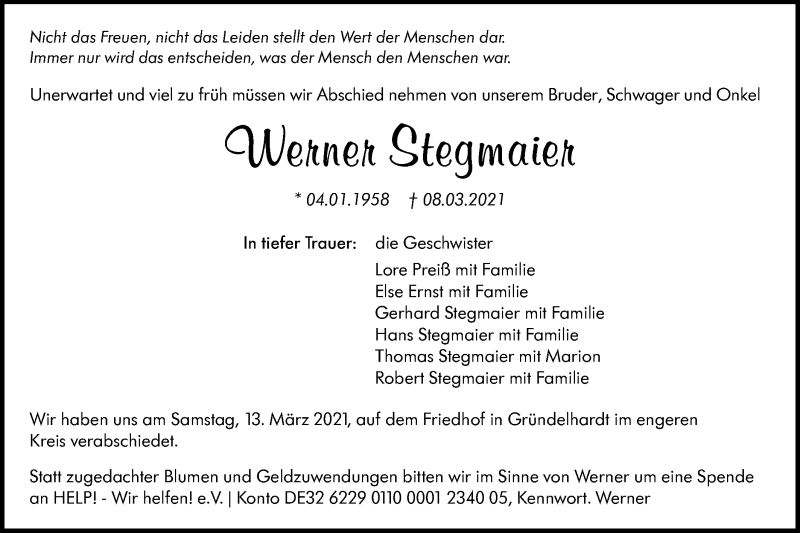  Traueranzeige für Werner Stegmaier vom 15.03.2021 aus Hohenloher Tagblatt
