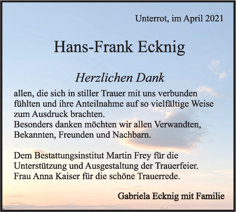  Traueranzeige für Hans-Frank Ecknig vom 03.04.2021 aus Rundschau Gaildorf