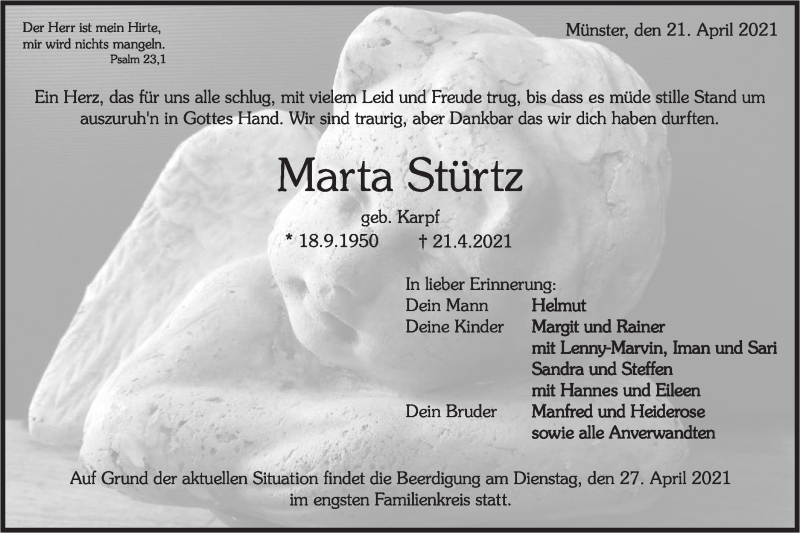  Traueranzeige für Marta Stürtz vom 24.04.2021 aus Rundschau Gaildorf