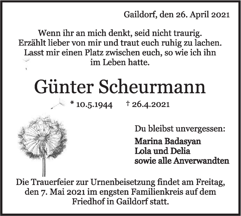  Traueranzeige für Günter Scheurmann vom 04.05.2021 aus Rundschau Gaildorf