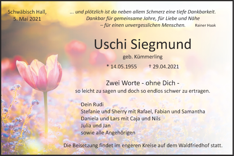  Traueranzeige für Uschi Siegmund vom 05.05.2021 aus Rundschau Gaildorf