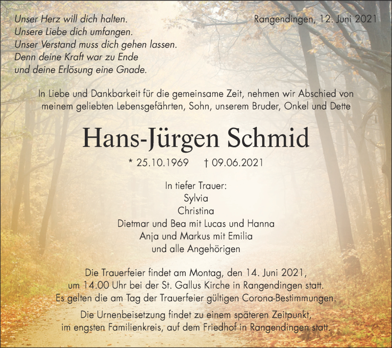  Traueranzeige für Hans-Jürgen Schmid vom 12.06.2021 aus Metzinger-Uracher Volksblatt