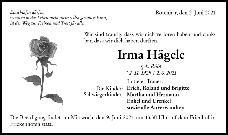  Traueranzeige für Irma Hägele vom 07.06.2021 aus Rundschau Gaildorf