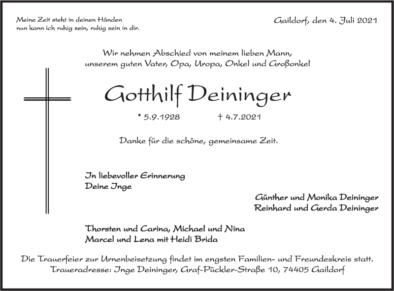  Traueranzeige für Gotthilf Deininger vom 19.07.2021 aus Rundschau Gaildorf