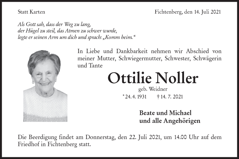  Traueranzeige für Ottilie Noller vom 20.07.2021 aus Haller Tagblatt/Rundschau Gaildorf