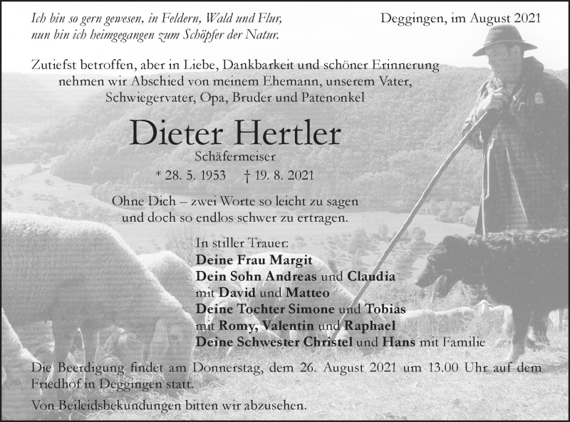  Traueranzeige für Dieter Hertler vom 24.08.2021 aus Geislinger Zeitung