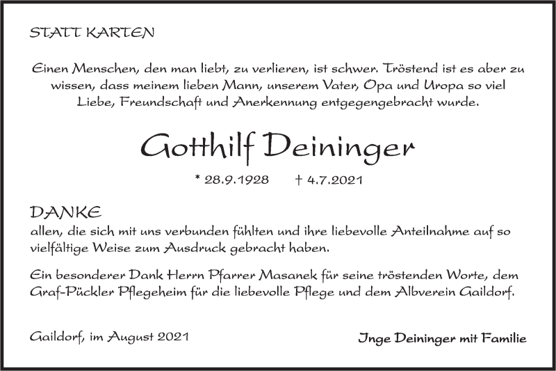  Traueranzeige für Gotthilf Deininger vom 07.08.2021 aus Rundschau Gaildorf