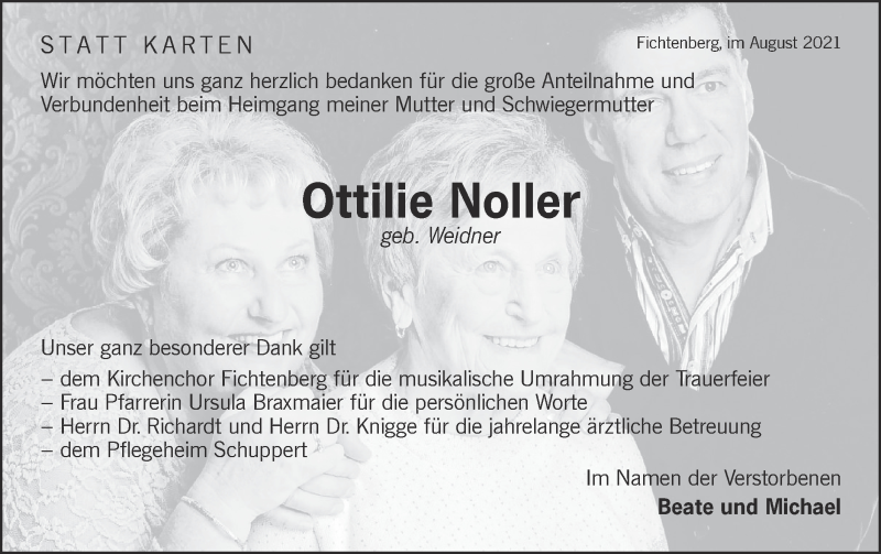  Traueranzeige für Ottilie Noller vom 14.08.2021 aus Rundschau Gaildorf