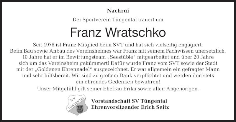 Traueranzeige für Franz Wratschko vom 20.09.2021 aus Haller Tagblatt