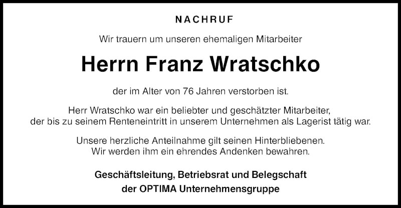  Traueranzeige für Franz Wratschko vom 18.09.2021 aus Haller Tagblatt