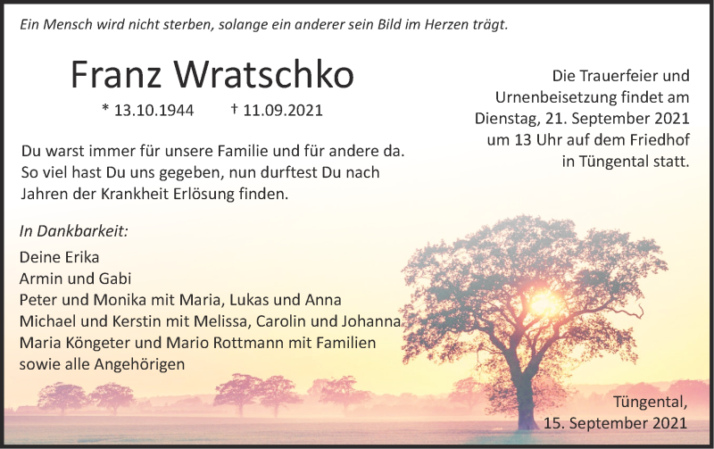  Traueranzeige für Franz Wratschko vom 15.09.2021 aus Haller Tagblatt