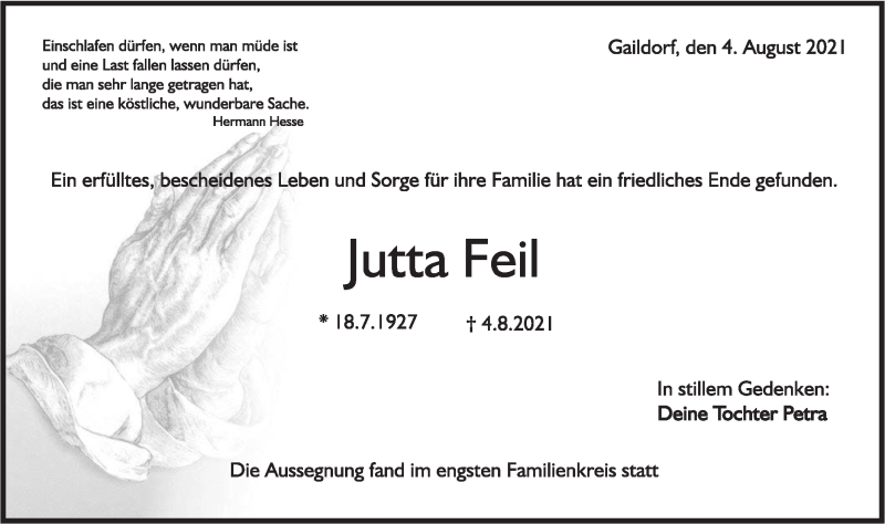  Traueranzeige für Jutta Feil vom 07.09.2021 aus Rundschau Gaildorf