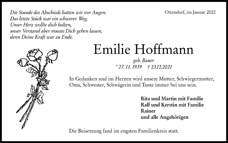  Traueranzeige für Emilie Hoffmann vom 08.01.2022 aus Rundschau Gaildorf