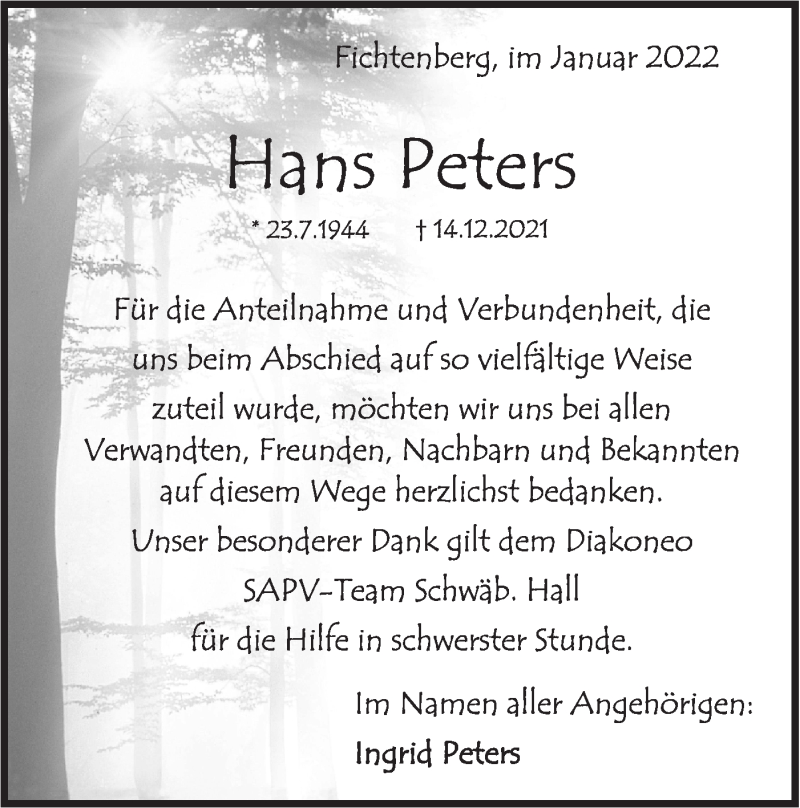  Traueranzeige für Hans Peters vom 04.01.2022 aus Rundschau Gaildorf