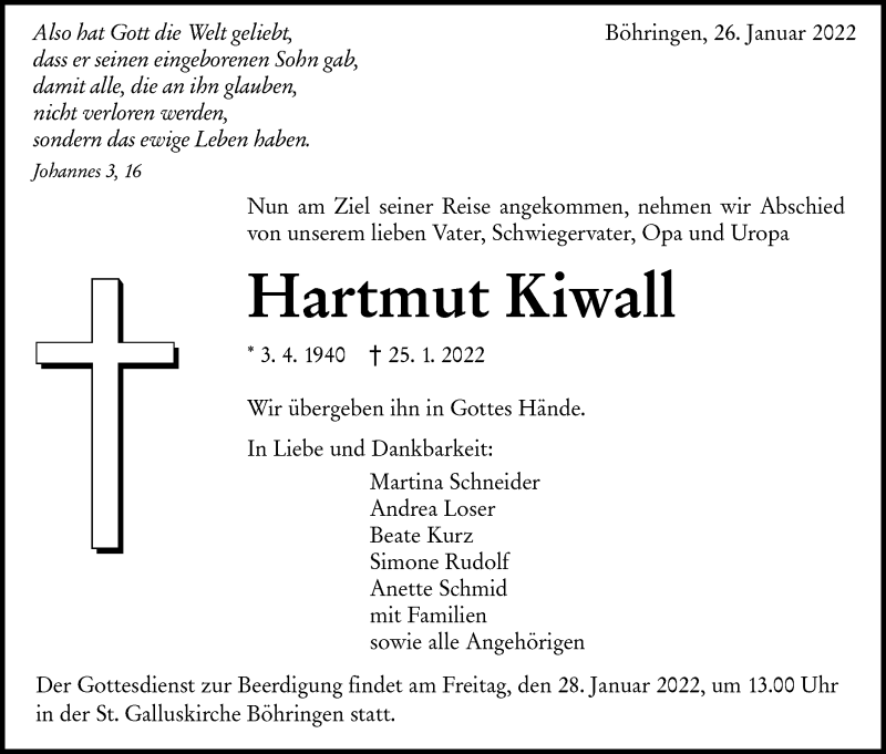  Traueranzeige für Hartmut Kiwall vom 26.01.2022 aus Alb-Bote/Metzinger-Uracher Volksblatt