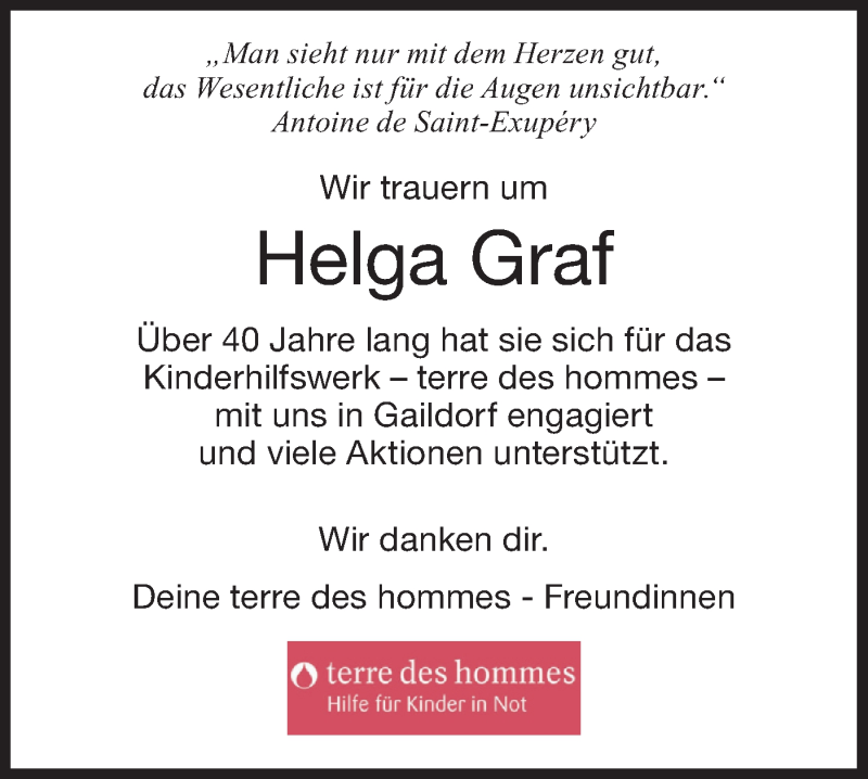  Traueranzeige für Helga Graf vom 15.01.2022 aus Rundschau Gaildorf