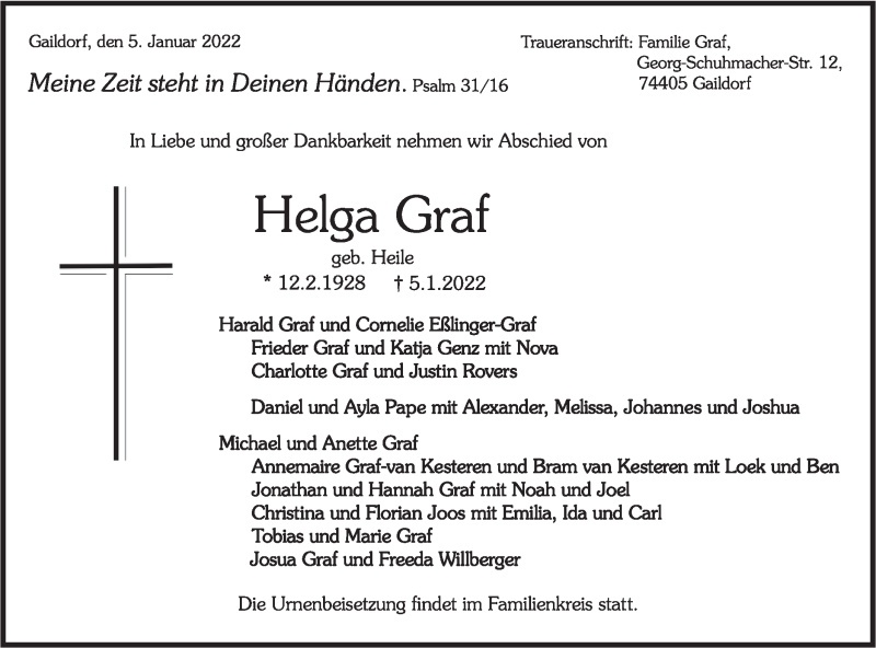  Traueranzeige für Helga Graf vom 11.01.2022 aus Rundschau Gaildorf