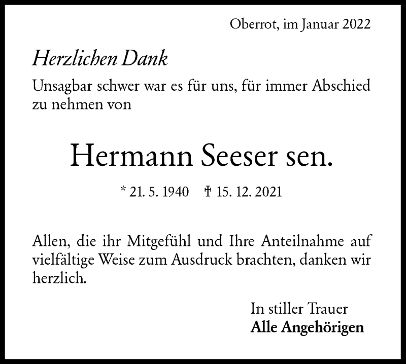  Traueranzeige für Hermann Seeser vom 11.01.2022 aus Rundschau Gaildorf
