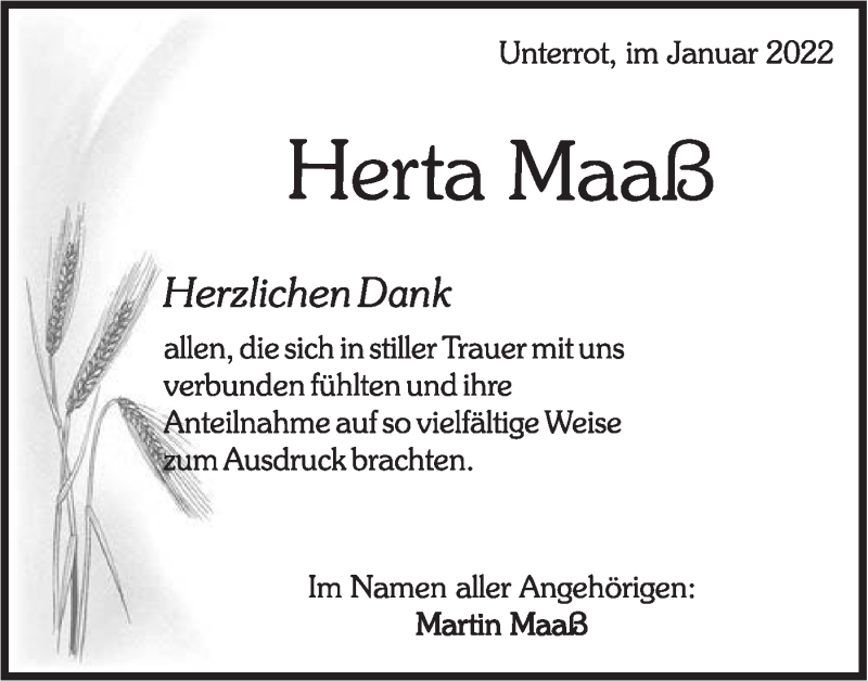  Traueranzeige für Herta Maaß vom 07.01.2022 aus Rundschau Gaildorf