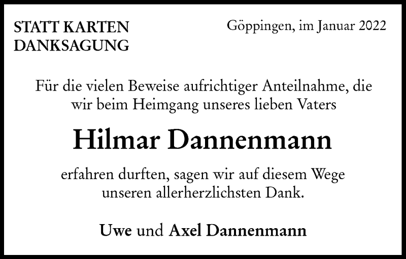  Traueranzeige für Hilmar Dannenmann vom 15.01.2022 aus NWZ Neue Württembergische Zeitung