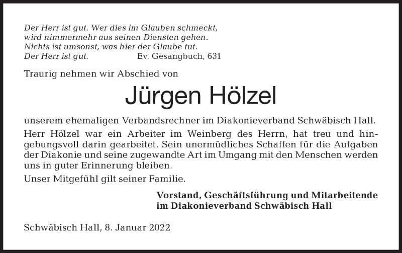  Traueranzeige für Jürgen Hölzel vom 08.01.2022 aus Rundschau Gaildorf