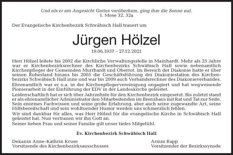  Traueranzeige für Jürgen Hölzel vom 10.01.2022 aus Haller Tagblatt