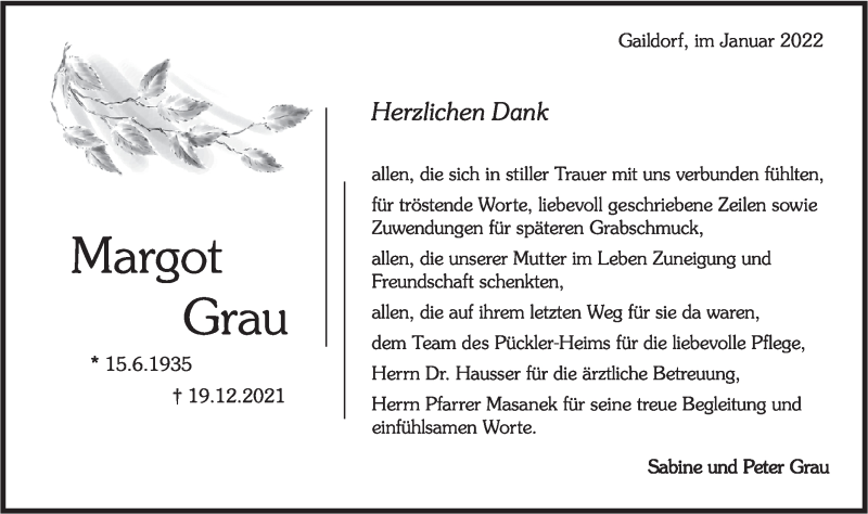  Traueranzeige für Margot Grau vom 15.01.2022 aus Rundschau Gaildorf