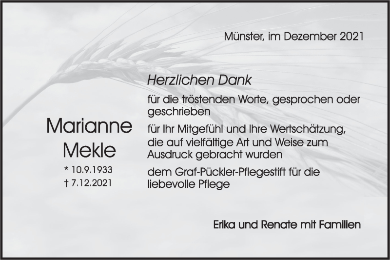  Traueranzeige für Marianne Mekle vom 04.01.2022 aus Rundschau Gaildorf