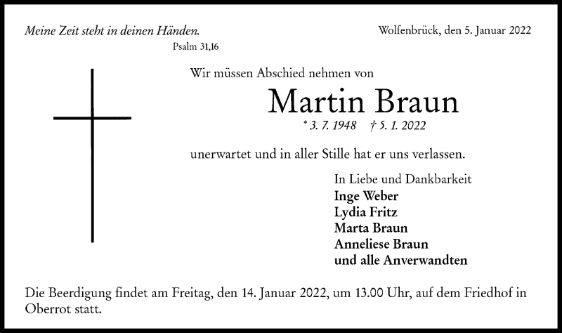  Traueranzeige für Martin Braun vom 12.01.2022 aus Rundschau Gaildorf
