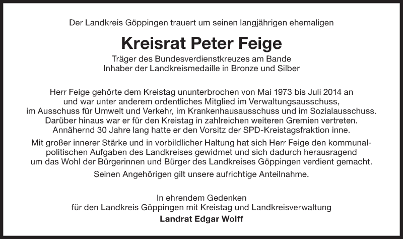  Traueranzeige für Peter Feige vom 15.01.2022 aus NWZ Neue Württembergische Zeitung/Geislinger Zeitung